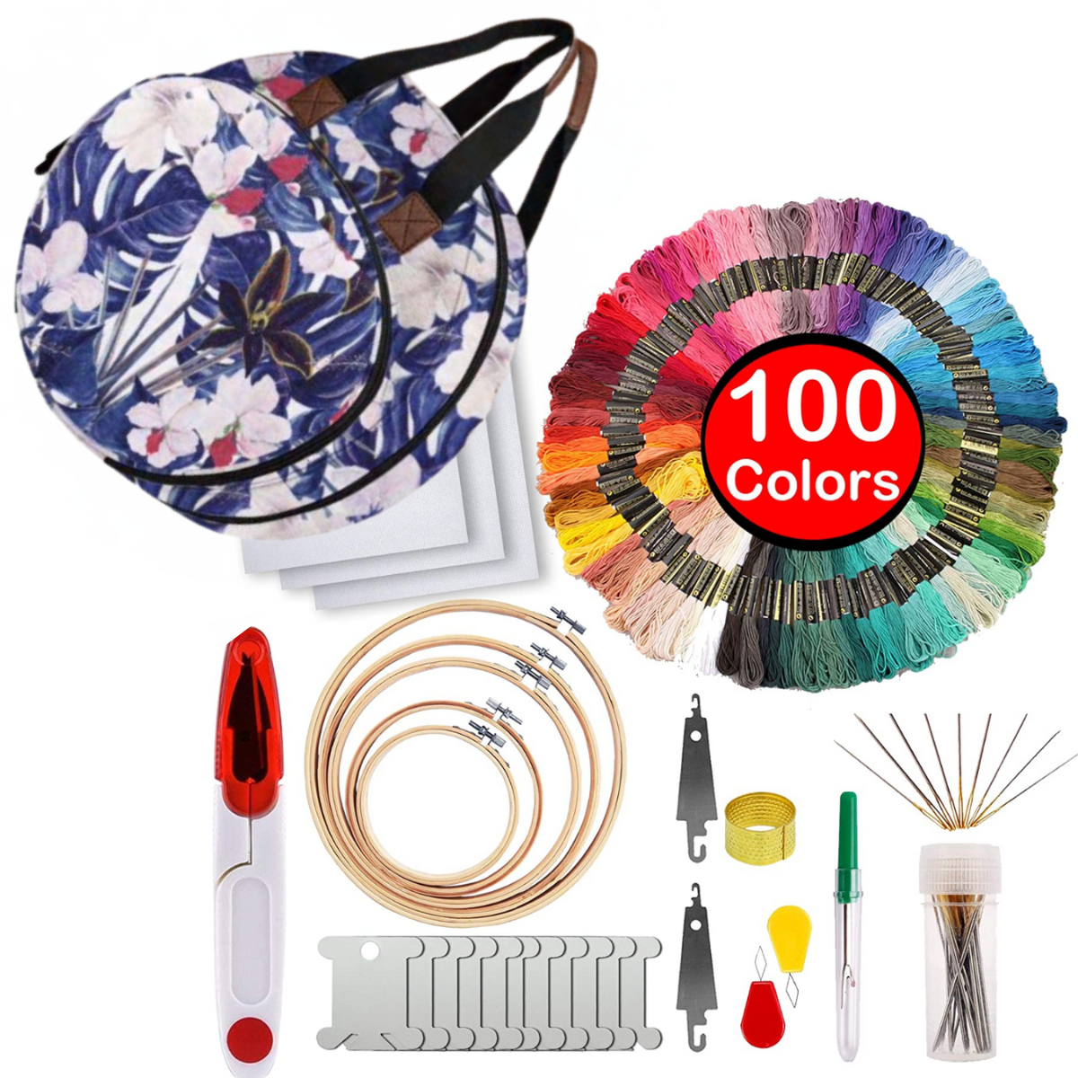 203-piece embroidery starter kit with blue storage bag