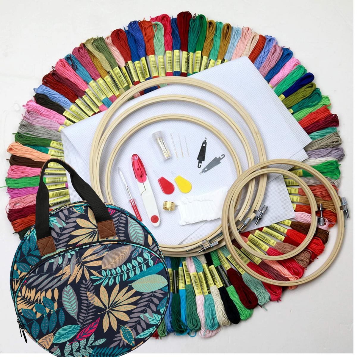 203-piece embroidery starter kit with green storage bag