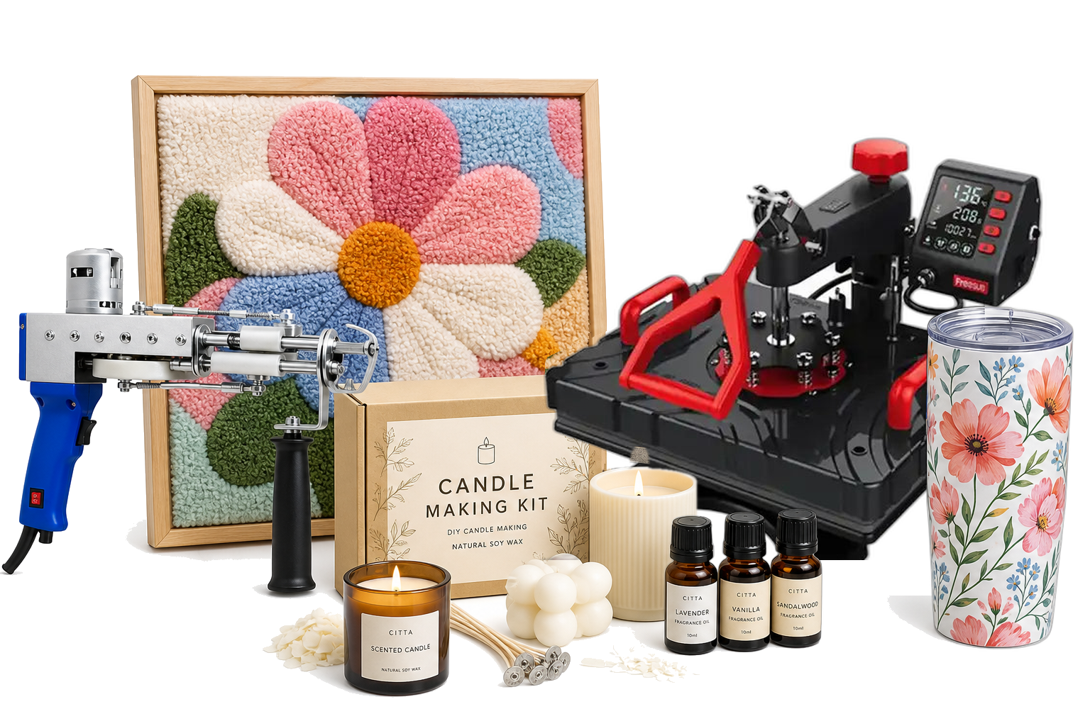 Tufting gun, colourful yarn flower panel, candle making kit, heat press machine and a floral tumbler
